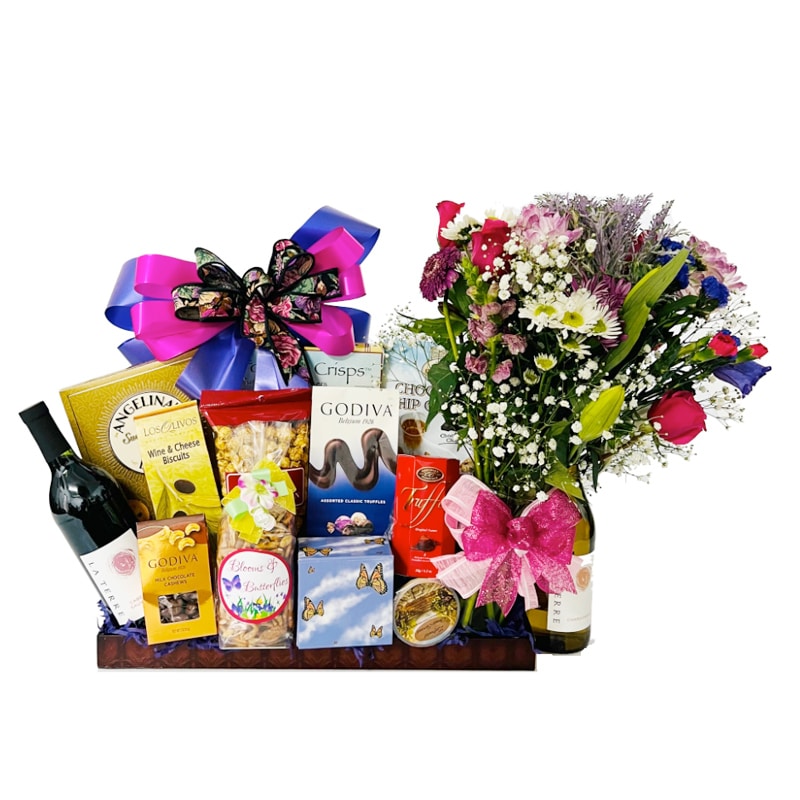 Blooms and Butterflies gift basket with flowers and wine.